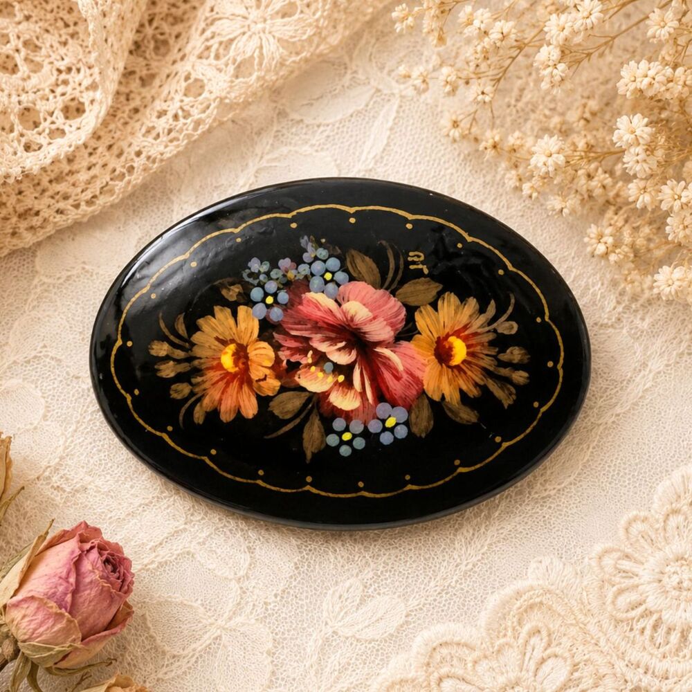 Vintage Russian Hand Painted Floral Design Lacquer Pin Brooch